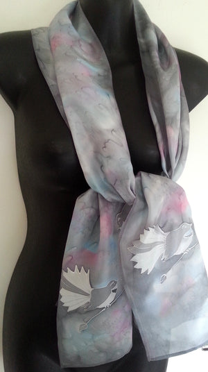 Fantail on Silver - Hand painted Silk Scarf - Satherley Silks NZ