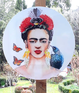 Frida Portrait painting with Tui and Fantail  - Outdoor Garden Art Panel
