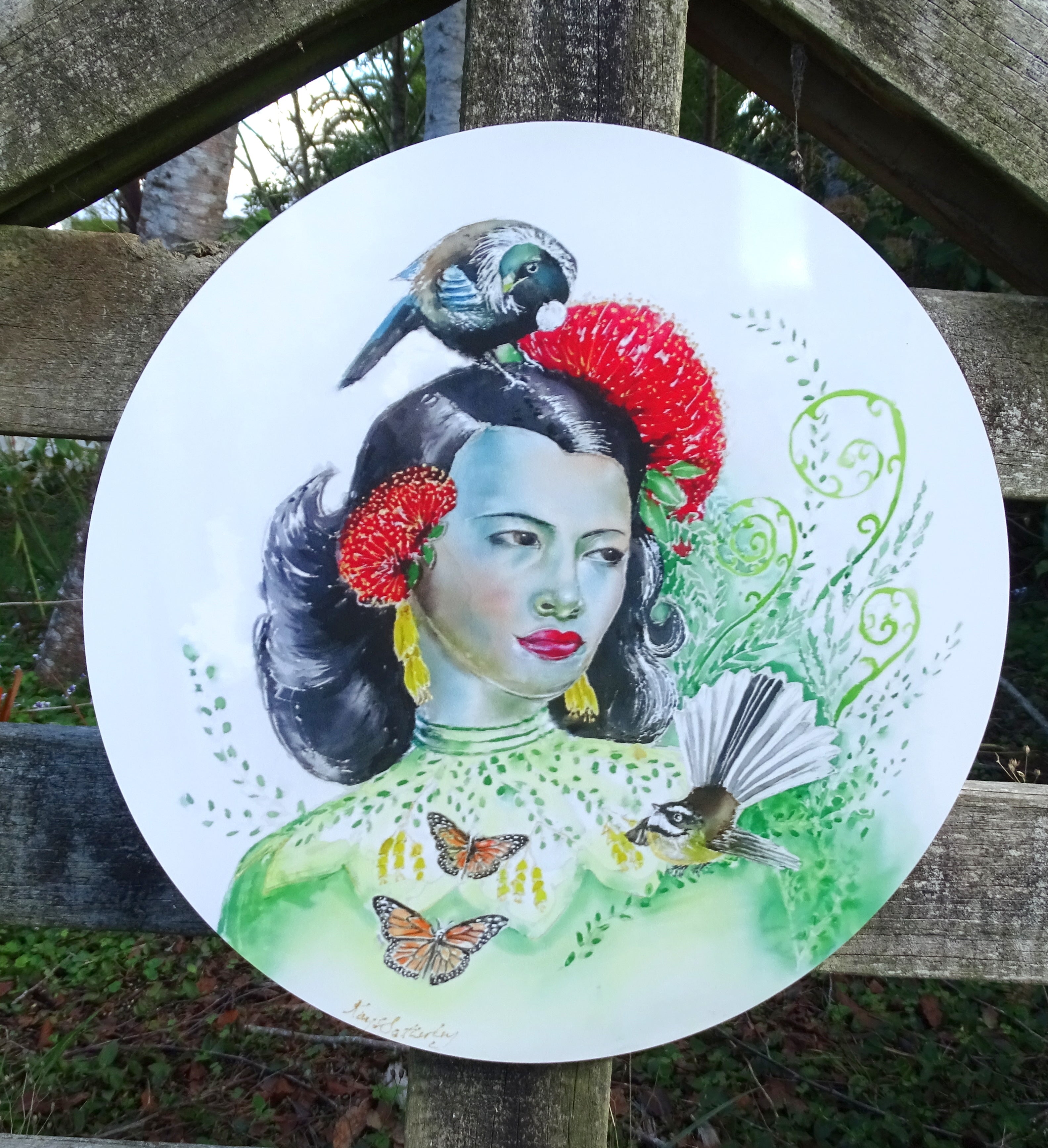Kiwiana Tretchikoff Green Girl painting with Tui and Fantail  - Outdoor Garden Art Panel