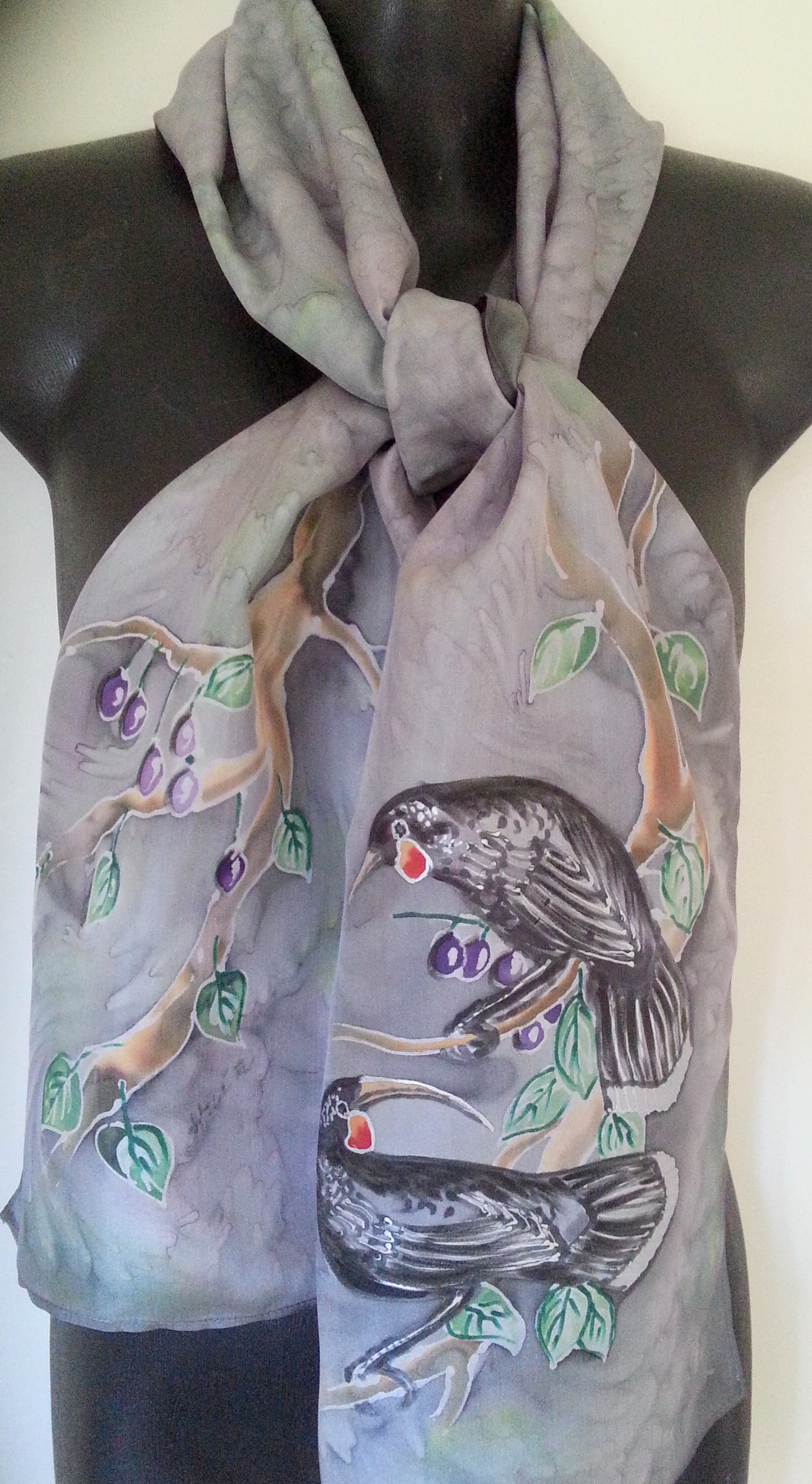 Huia Birds New Zealand  bird - Hand Painted Silk Scarf - Satherley Silks NZ