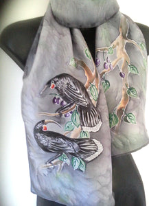 Huia Birds New Zealand  bird - Hand Painted Silk Scarf - Satherley Silks NZ