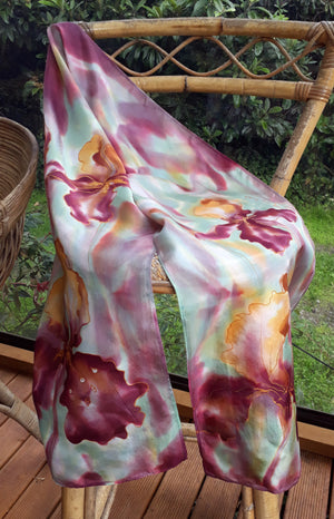 Iris in Gold & Burgundy - Hand painted Silk Scarf - Satherley Silks NZ