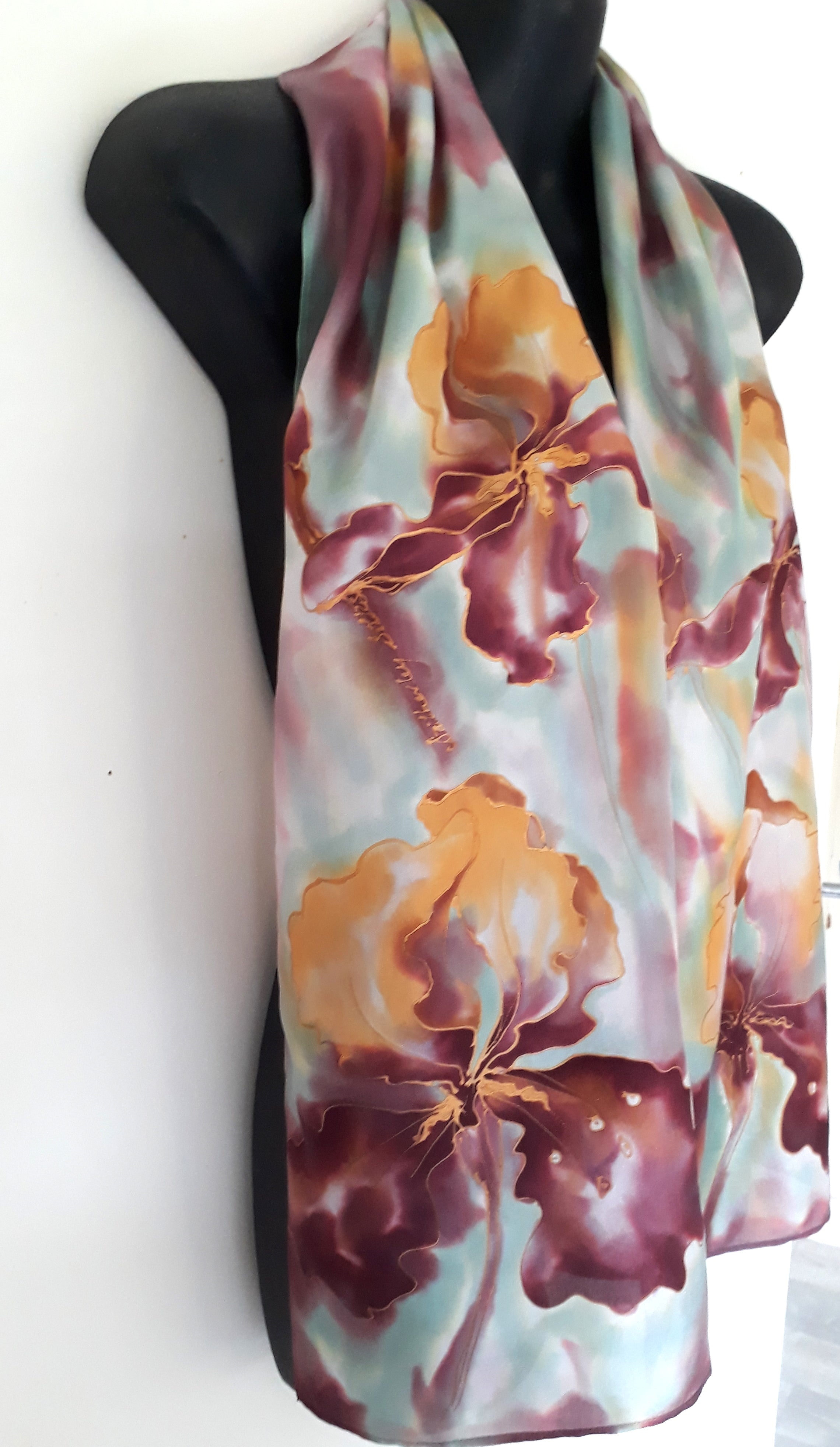 Iris in Gold & Burgundy - Hand painted Silk Scarf - Satherley Silks NZ