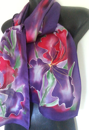 Bearded Iris in Red and Purple - Hand painted Silk Scarf - Satherley Silks NZ