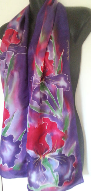Bearded Iris in Red and Purple - Hand painted Silk Scarf - Satherley Silks NZ