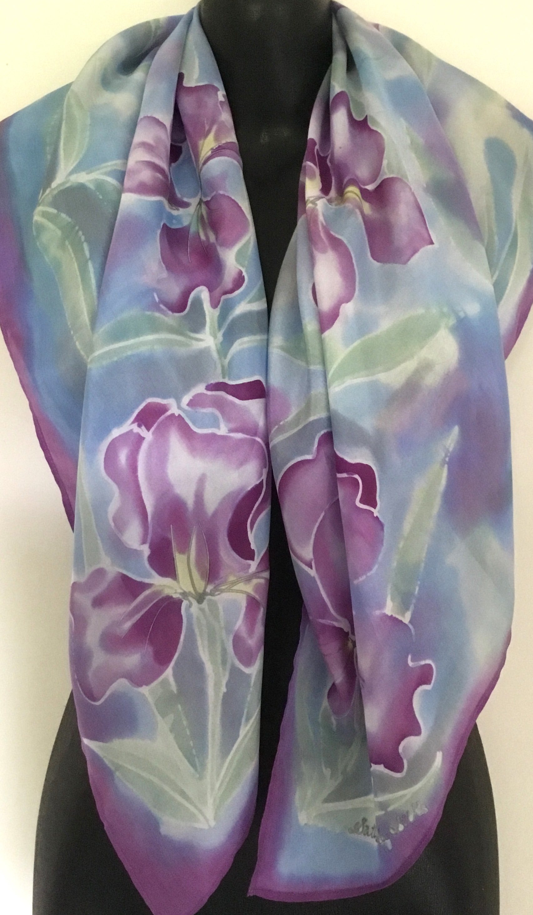Iris in Monet watercolour pastels -Hand painted silk scarf - Satherley Silks NZ