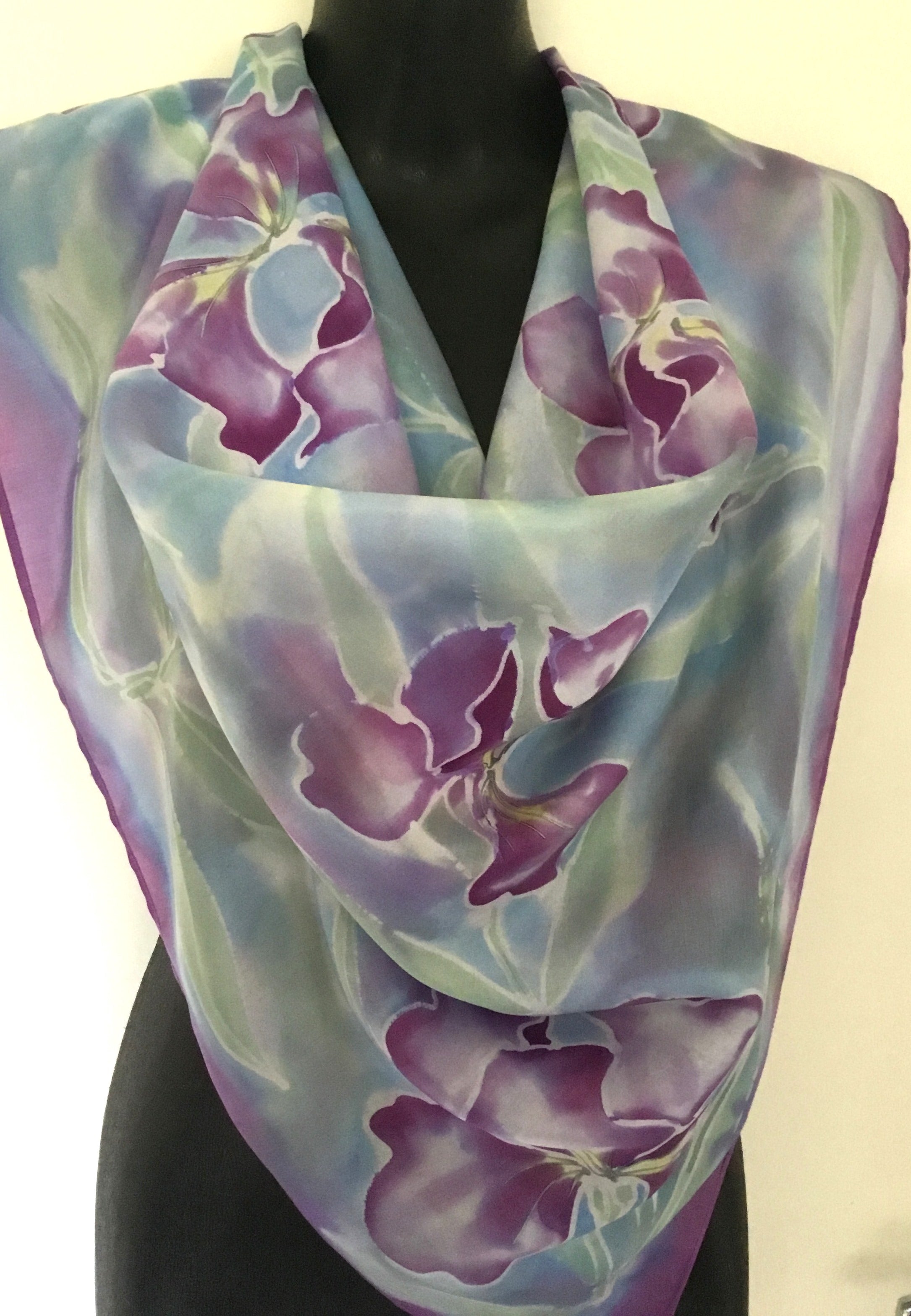 Iris in Monet watercolour pastels -Hand painted silk scarf - Satherley Silks NZ