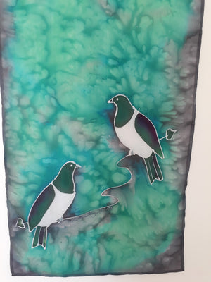 Kereru, New Zealand Wood pigeon - Hand painted Silk Scarf - Satherley Silks NZ