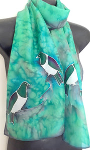 Kereru, New Zealand Wood pigeon - Hand painted Silk Scarf - Satherley Silks NZ