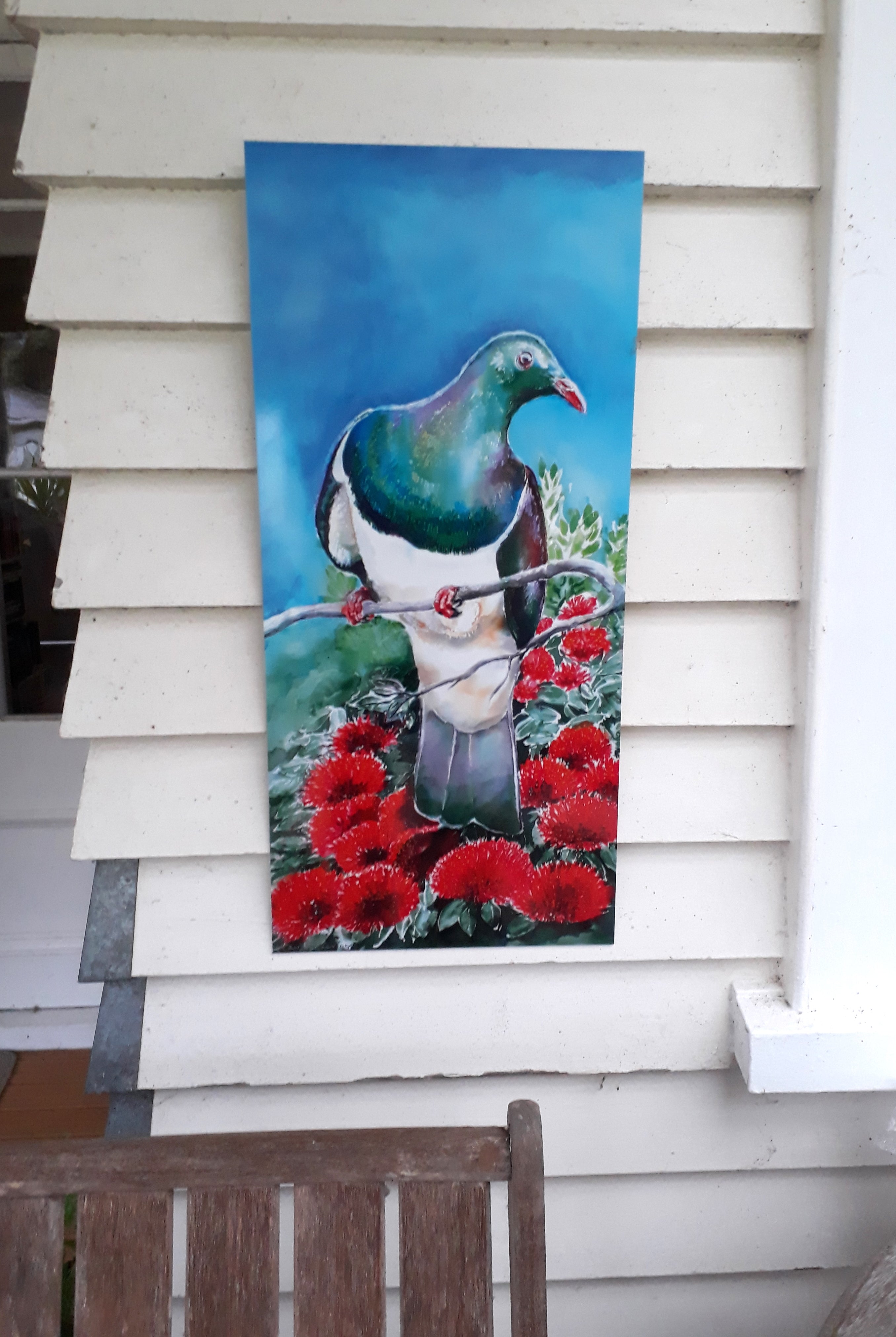 Kereru on Pohutukawa - Outdoor Garden Art Panel - Satherley Silks NZ