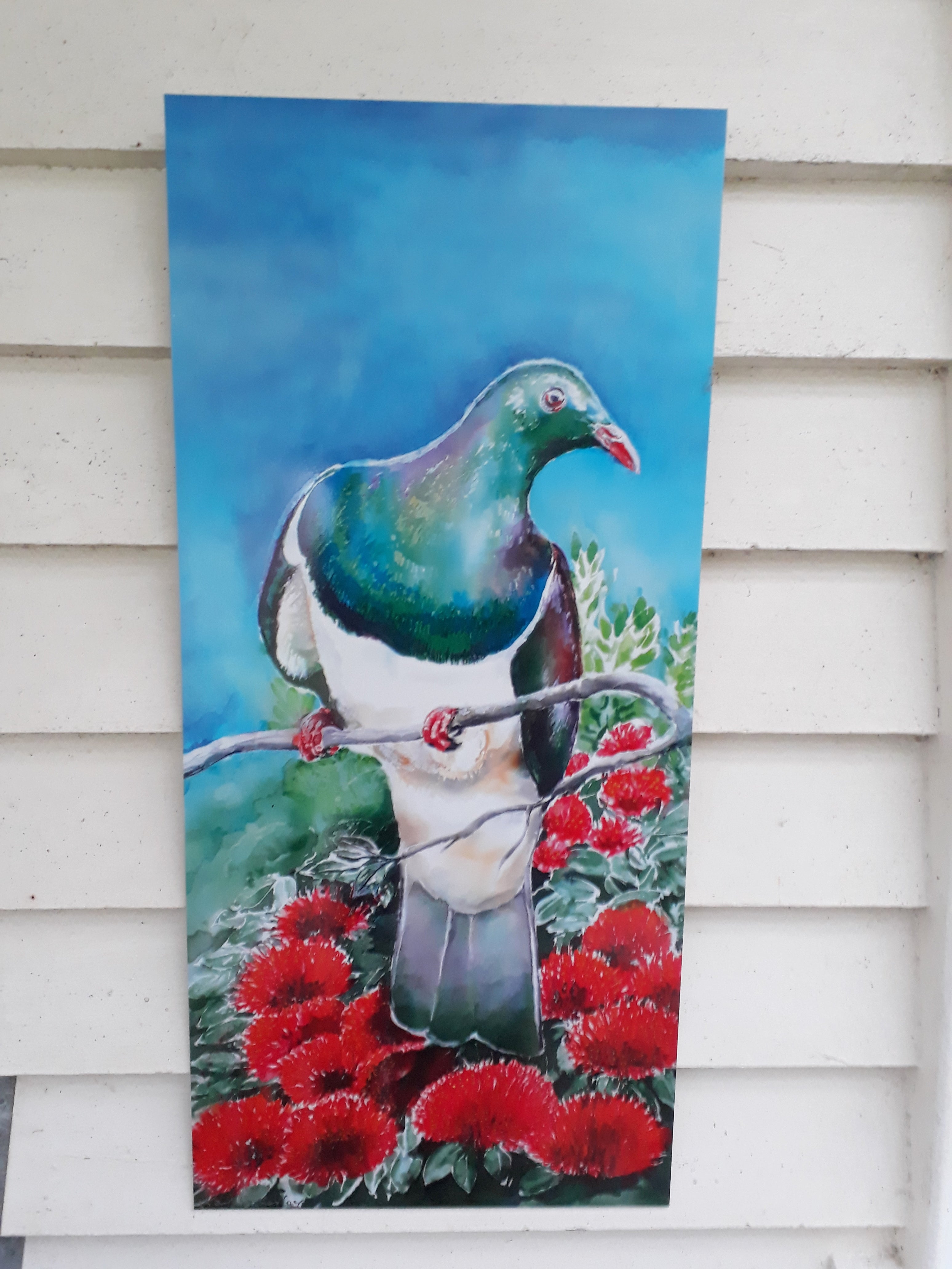 Kereru on Pohutukawa - Outdoor Garden Art Panel - Satherley Silks NZ