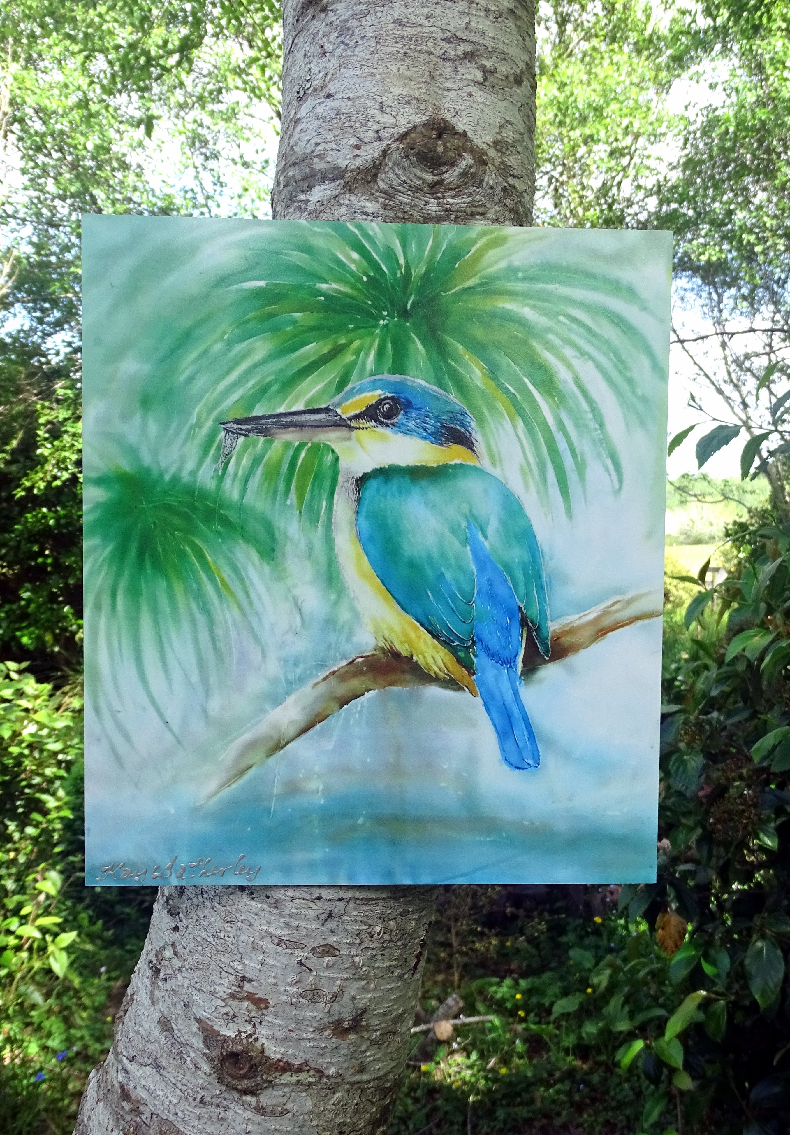 Kingfisher & Cabbage trees -  Outdoor Art Squarish
