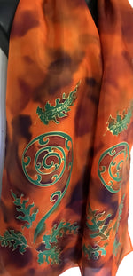 Koru and Ferns Orange - Hand painted Silk Scarf