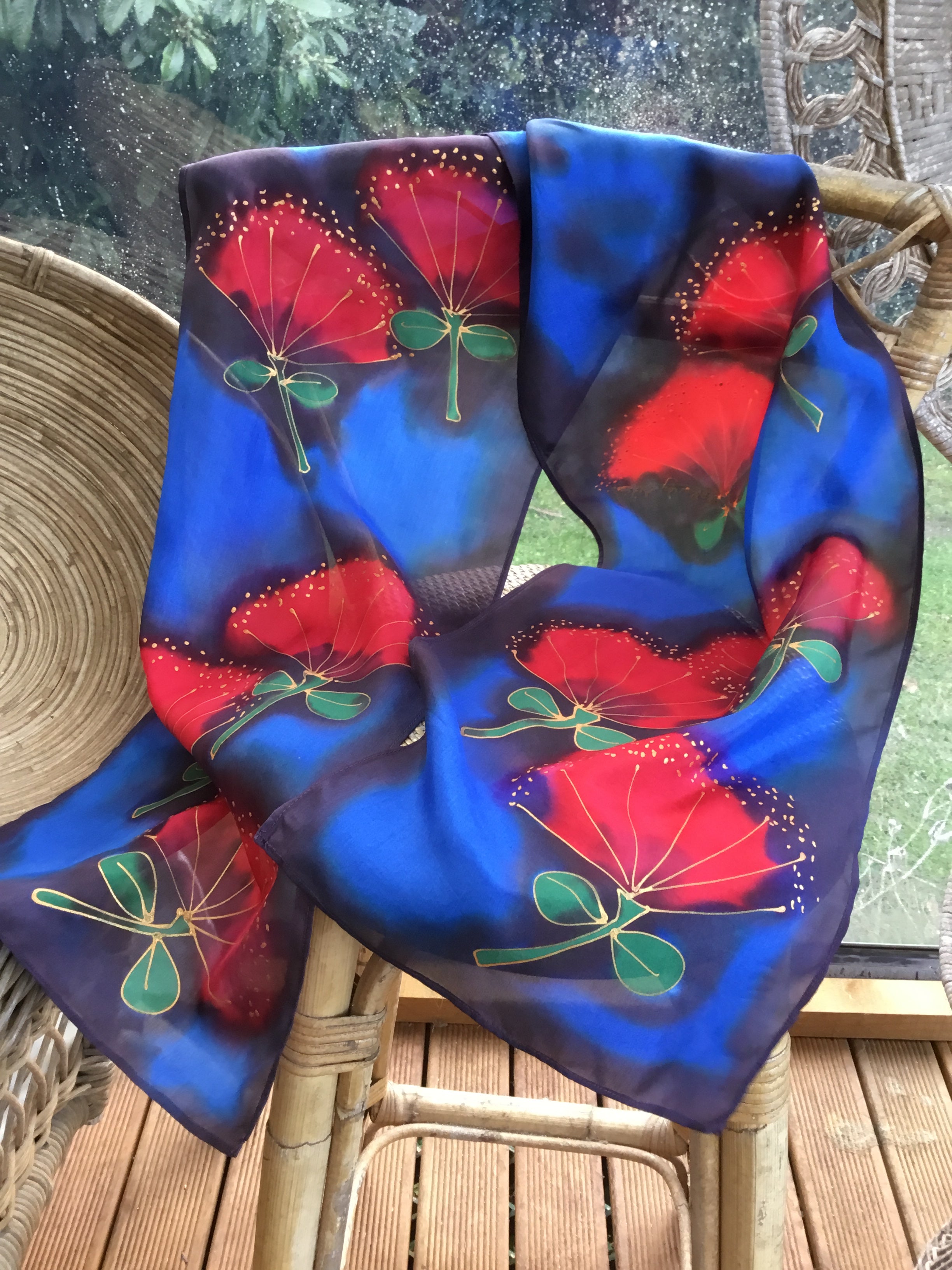 Pohutukawa, Red Flowers on Blue -  Hand painted Silk Scarf - Satherley Silks NZ
