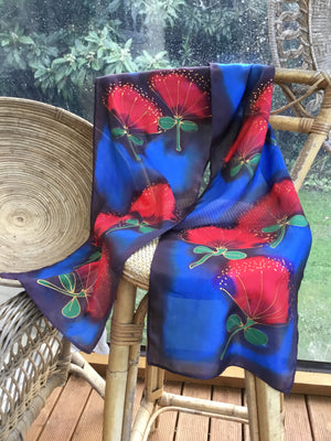 Pohutukawa, Red Flowers on Blue -  Hand painted Silk Scarf - Satherley Silks NZ