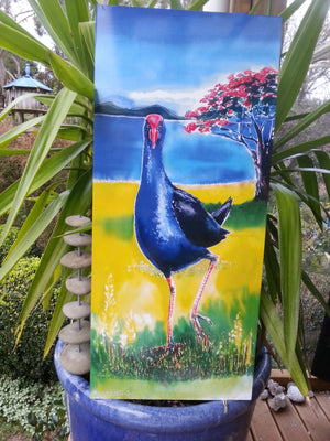 Pukeko & Pohutukawa New Zealand - Outdoor Garden Art Panel - Satherley Silks NZ