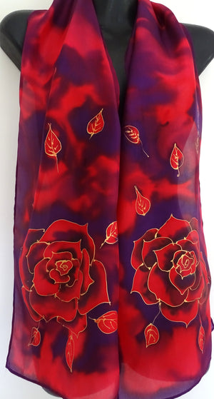 Purple and Red Rose - Hand painted Silk Scarf
