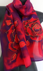 Purple and Red Rose - Hand painted Silk Scarf