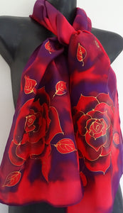 Purple and Red Rose - Hand painted Silk Scarf