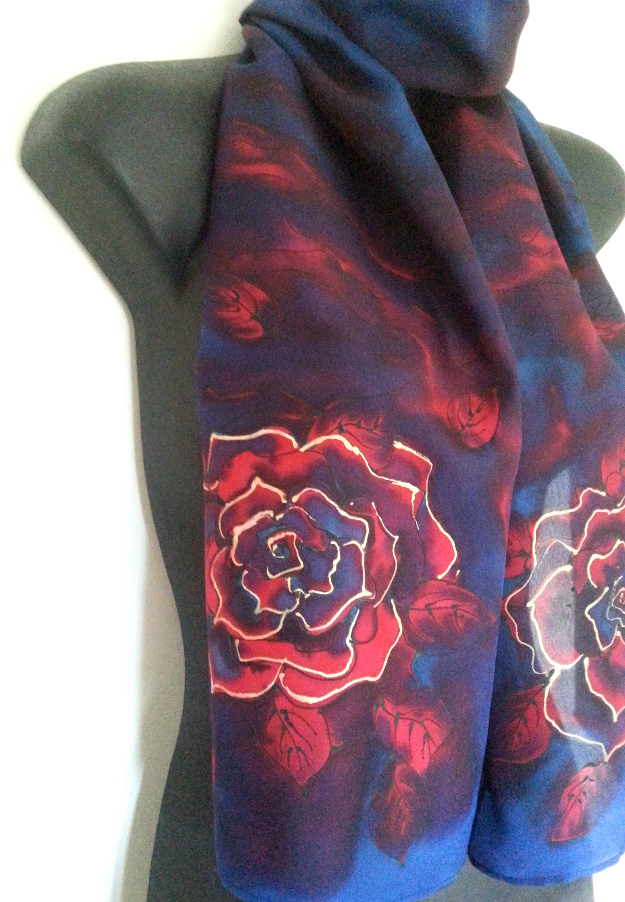 Navy, Red and Gold Rose - Hand painted Silk Scarf - Satherley Silks NZ