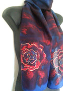 Navy, Red and Gold Rose - Hand painted Silk Scarf - Satherley Silks NZ