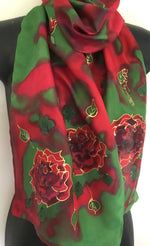 Rose on emerald Green & Red - Hand painted Silk Scarf - Satherley Silks NZ