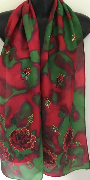 Rose on emerald Green & Red - Hand painted Silk Scarf - Satherley Silks NZ