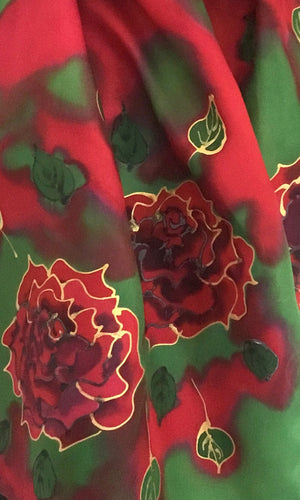 Rose on emerald Green & Red Square - Hand painted Silk Scarf