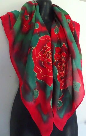 Rose on emerald Green & Red Square - Hand painted Silk Scarf