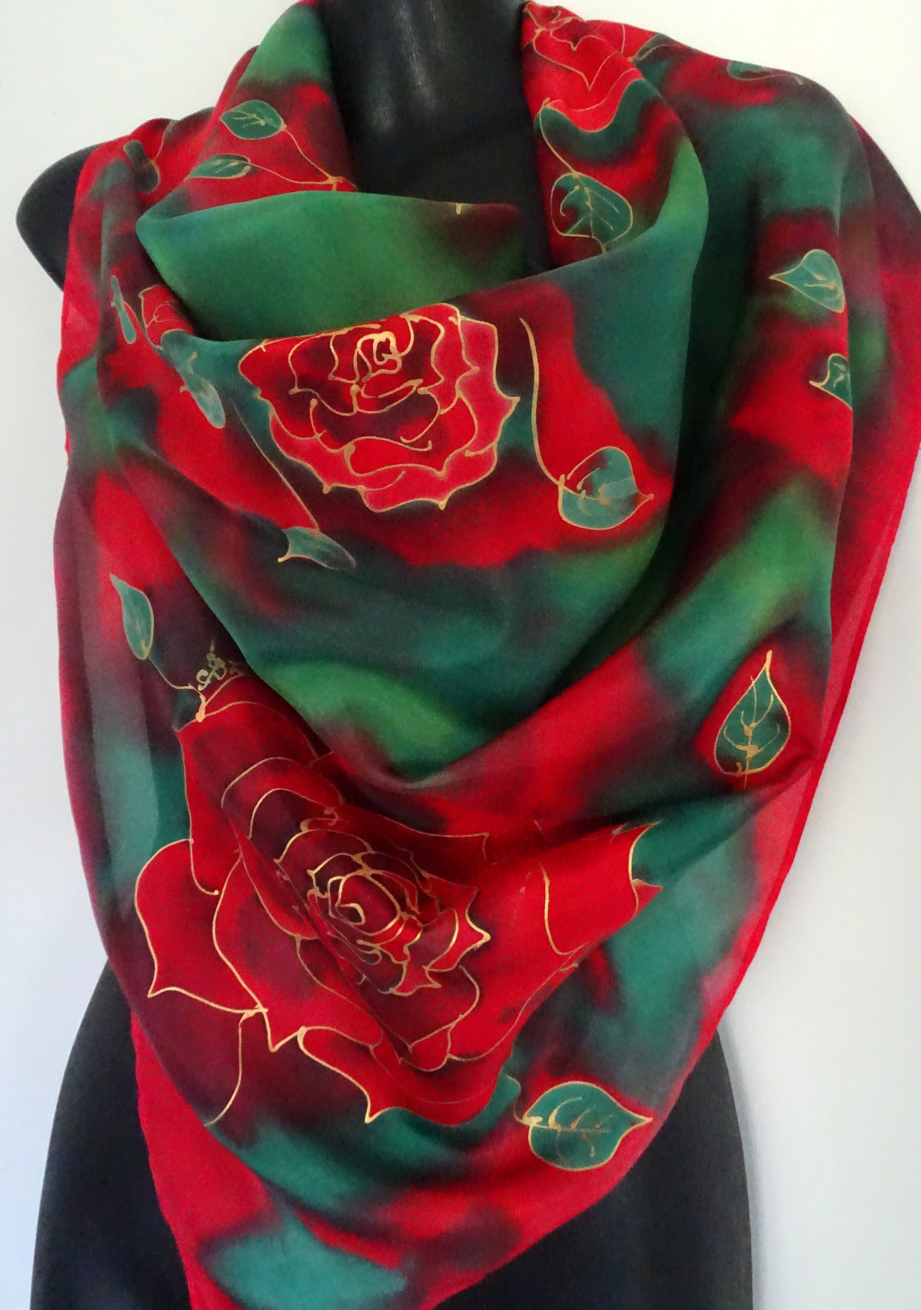 Rose on emerald Green & Red Square - Hand painted Silk Scarf
