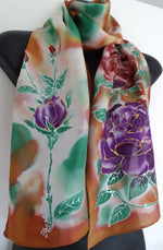 Roses on Tawny Cinnamon  - Hand painted Silk Scarf