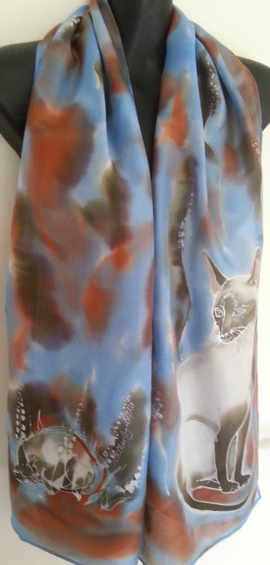 Siamese Cat  - Hand painted Silk Scarf - Satherley Silks NZ