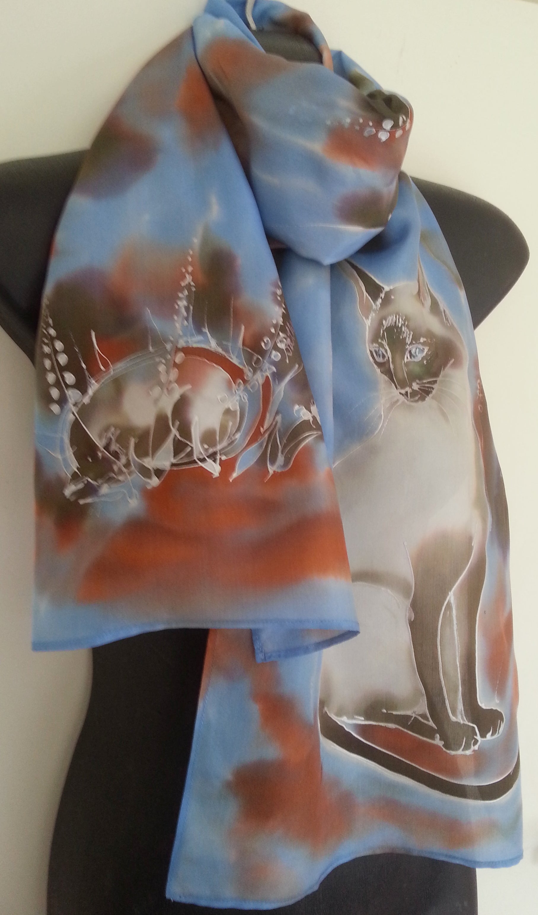 Siamese Cat  - Hand painted Silk Scarf - Satherley Silks NZ