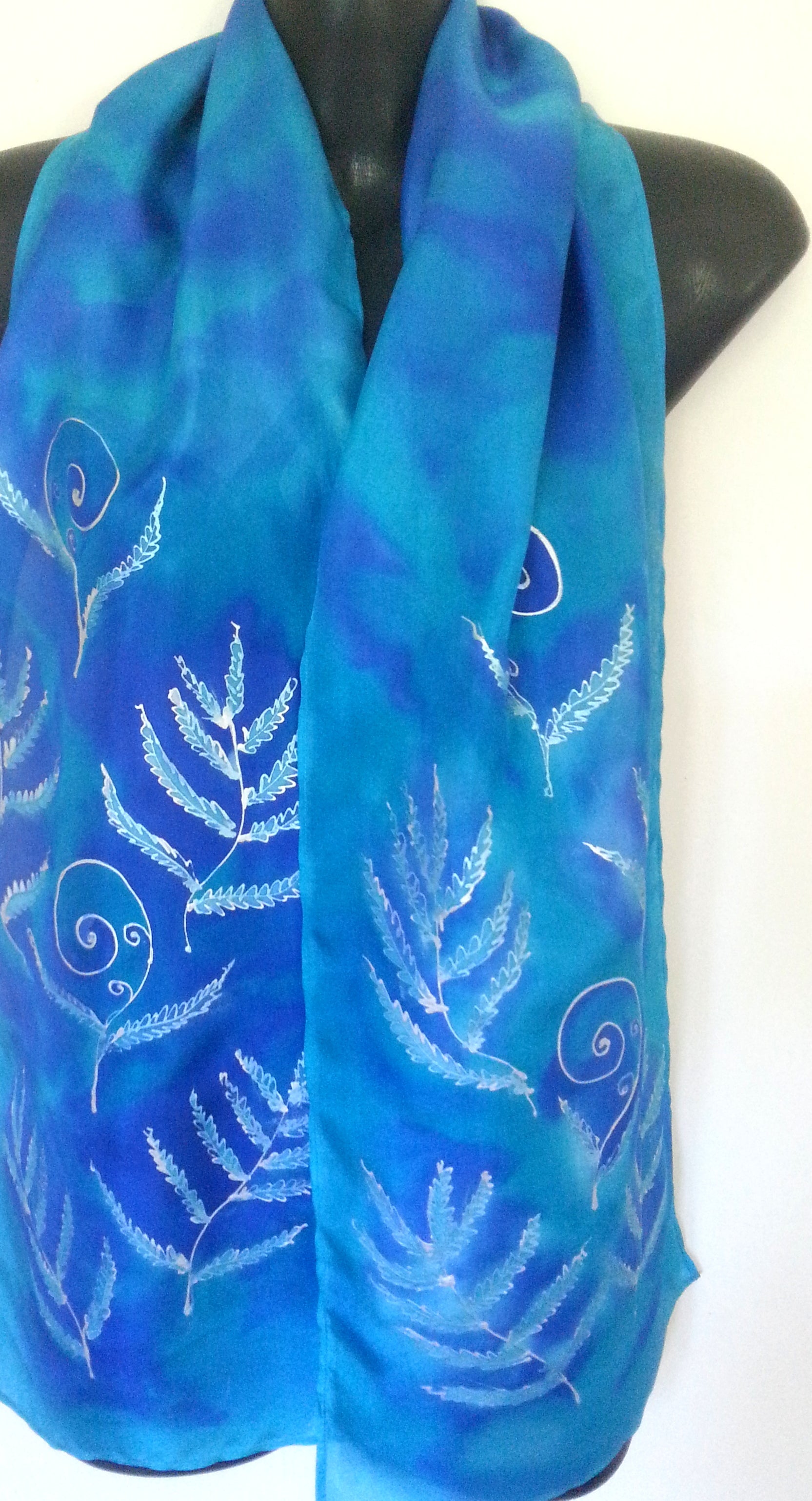 Silver Ferns with Korus -  Hand painted Silk Scarf - Satherley Silks NZ