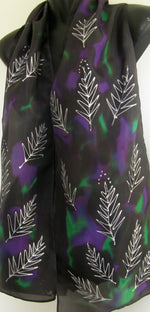 NZ Silver Ferns on Black, Green & Purple - Hand Painted Silk Scarf