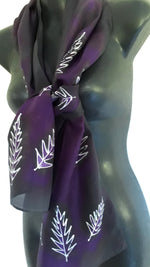 NZ Silver Ferns on Black & Purple - Hand Painted Silk Scarf - Satherley Silks NZ