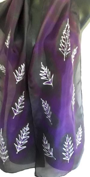 NZ Silver Ferns on Black & Purple - Hand Painted Silk Scarf - Satherley Silks NZ