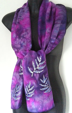 Silver Ferns on Purple  - Hand painted Silk Scarf - Satherley Silks NZ