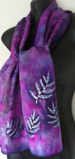 Silver Ferns on Purple  - Hand painted Silk Scarf - Satherley Silks NZ