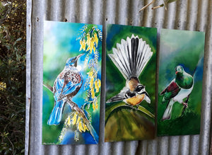 Special: A Trio of Tui/Kowhai, Kereru & Fantail - Outdoor Garden Art Panel - Satherley Silks NZ