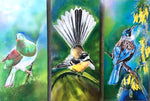 Special: A Trio of Tui/Kowhai, Kereru & Fantail - Outdoor Garden Art Panel - Satherley Silks NZ