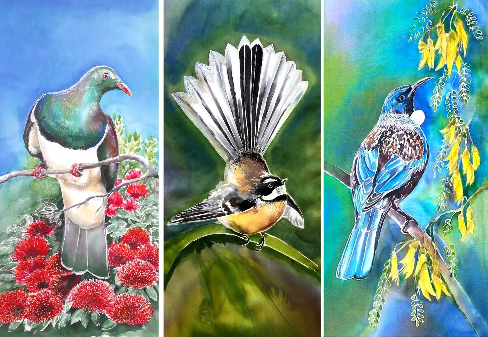 Special: A Trio of Kereru/ Pohutukawa, Fantail & Tui/Kowhai  - Outdoor Garden Art Panels - Satherley Silks NZ