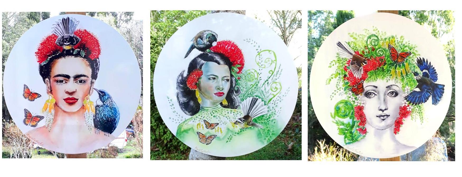 Special: A Trio of Portraits with Kiwiana, Three Ladies in Art Frida, Fornasetti, Green Girl  - Outdoor Garden Art Panels