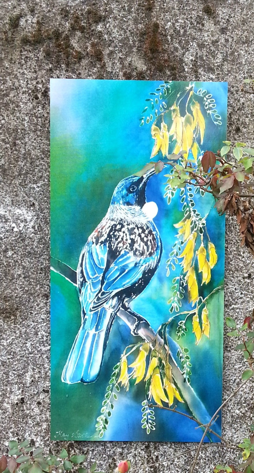 New Zealand Tui Bird on Kowhai Tree - Outdoor Garden Art Panel - Satherley Silks NZ