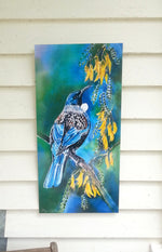 New Zealand Tui Bird on Kowhai Tree - Outdoor Garden Art Panel - Satherley Silks NZ