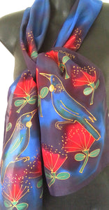 Tui and Pohutukawa - Hand painted Silk Scarf - Satherley Silks NZ