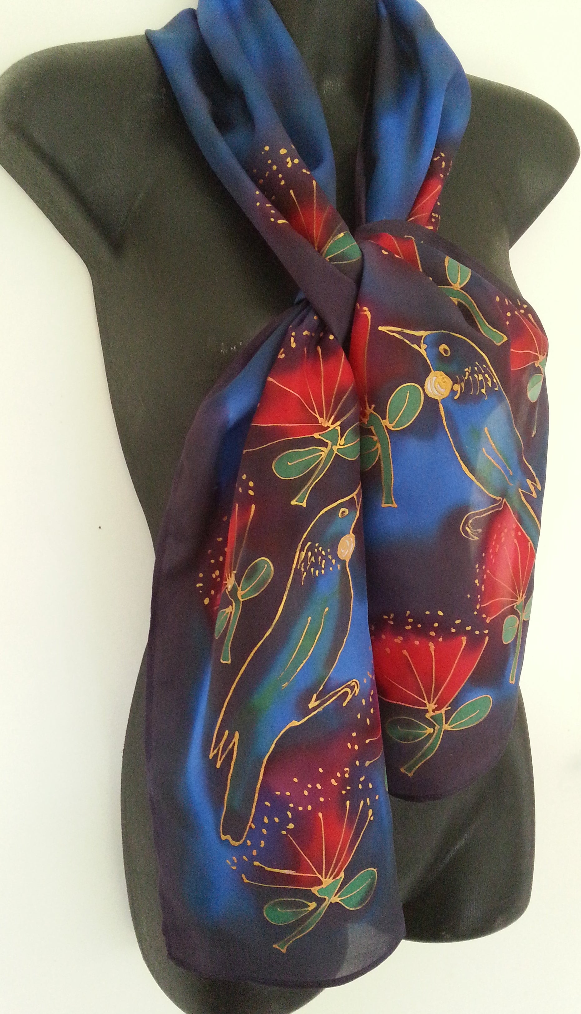 Tui and Pohutukawa - Hand painted Silk Scarf - Satherley Silks NZ
