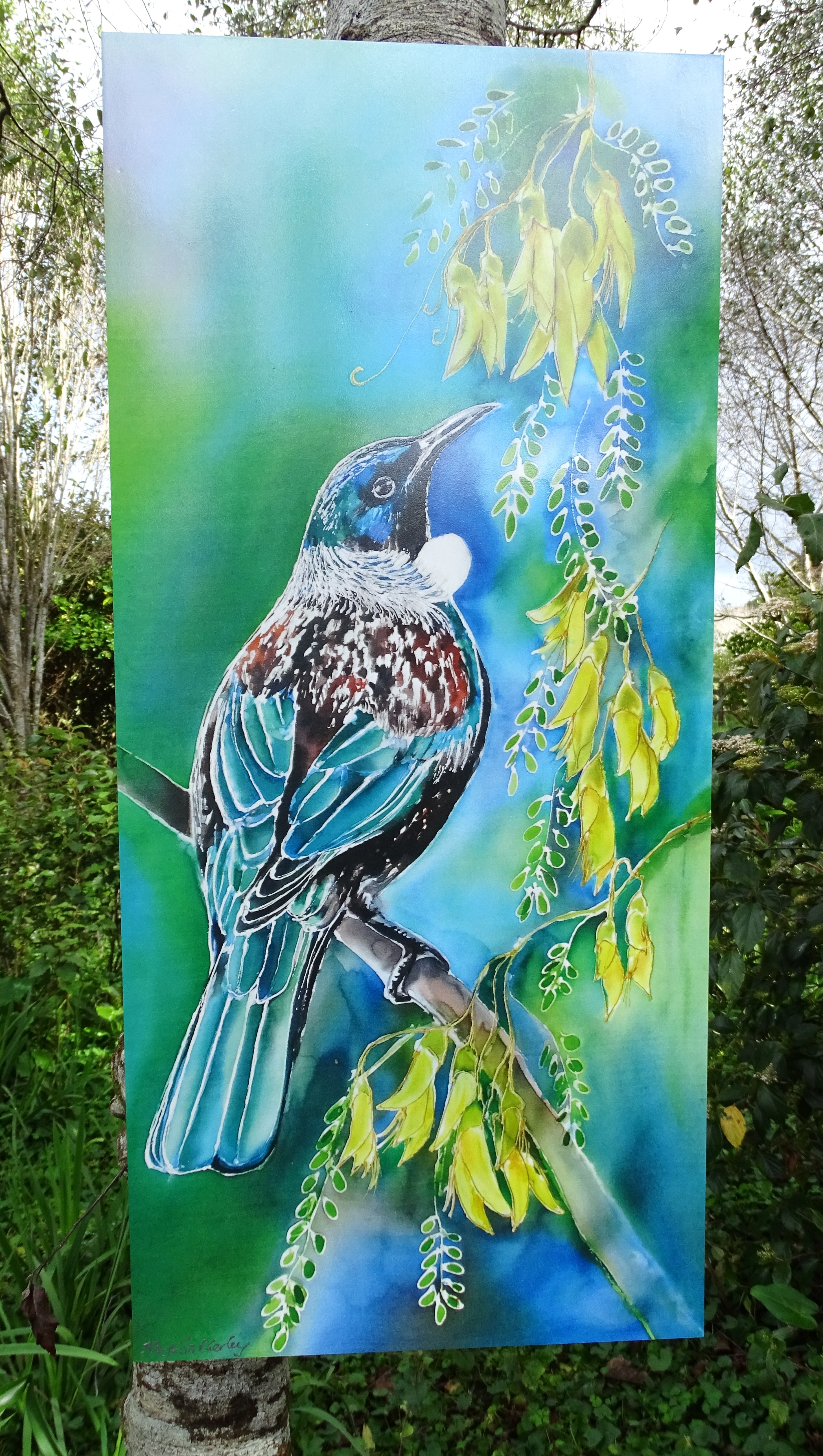 New Zealand Tui Bird on Kowhai Tree - Outdoor Garden Art Panel