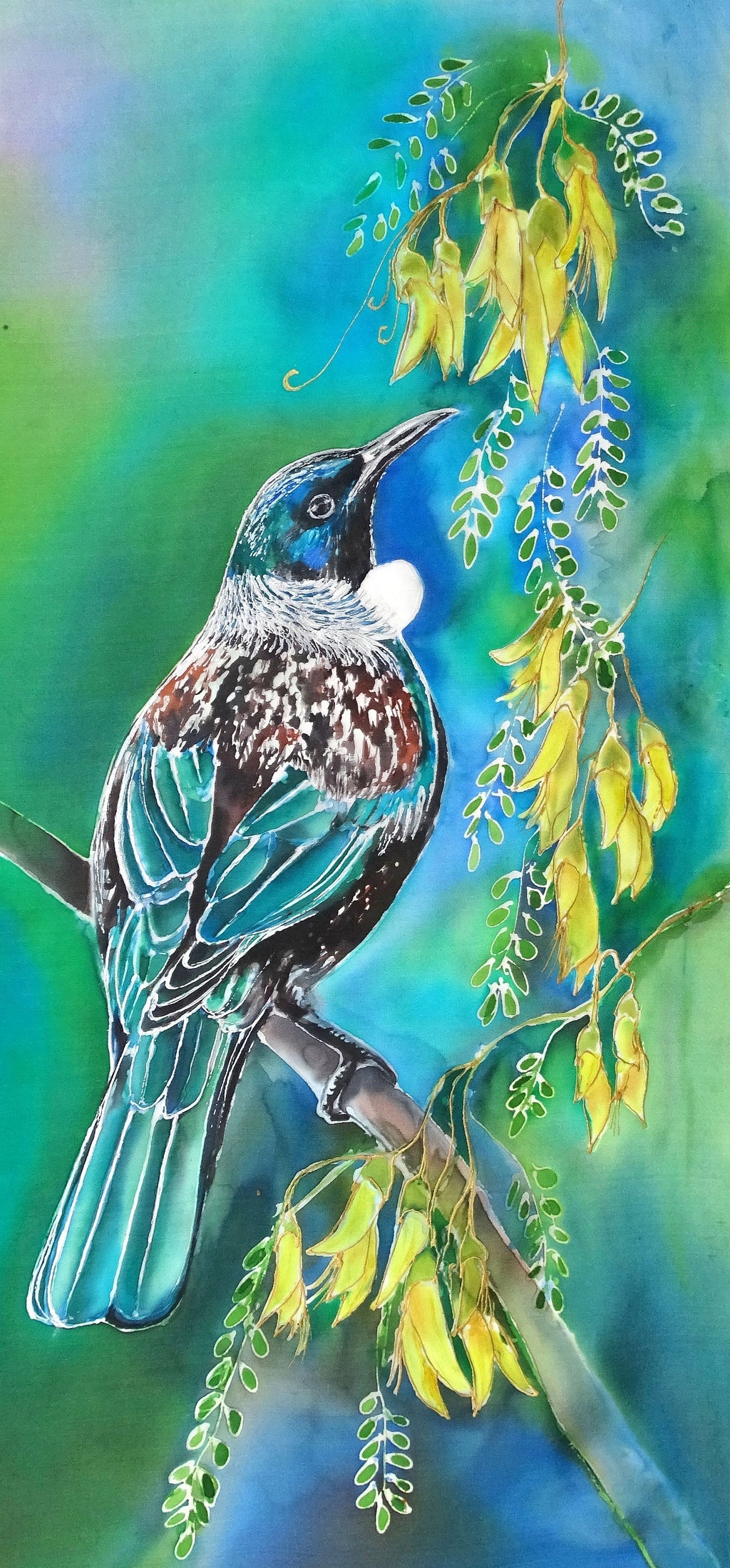 New Zealand Tui Bird on Kowhai Tree - Outdoor Garden Art Panel