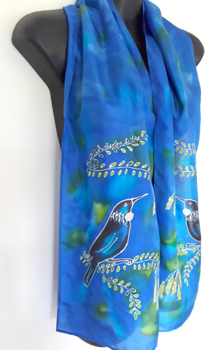 Tui with Kowhai Tree - Hand painted Silk Scarf - Satherley Silks NZ
